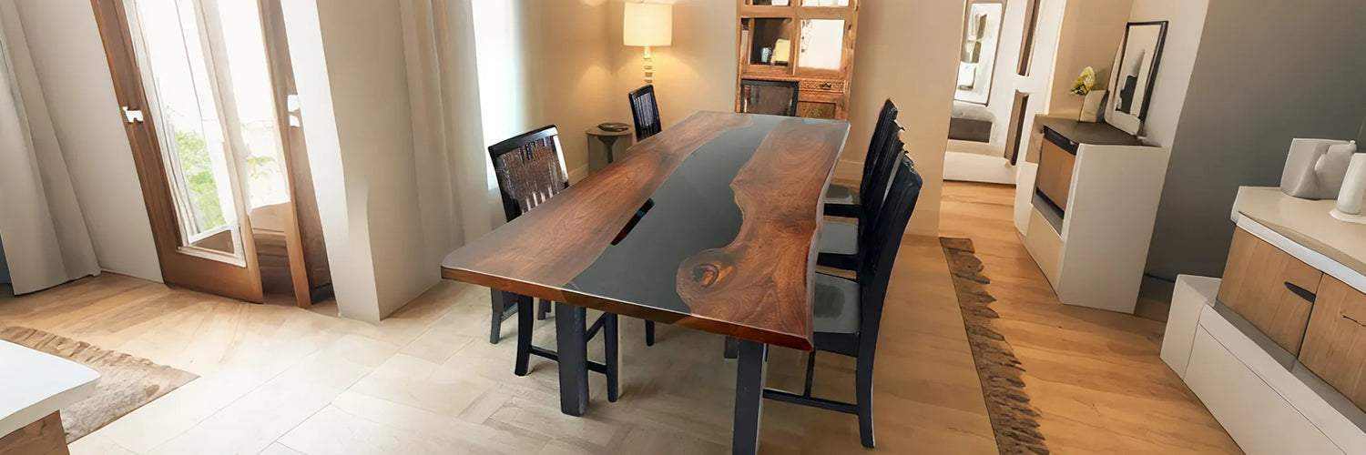 Custom black epoxy resin dining table with natural wood live edge design