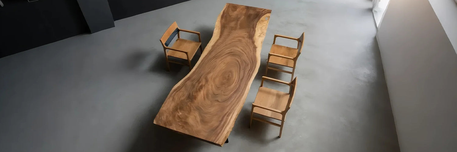 Live edge walnut dining table with natural wood grain pattern, paired with minimalist wooden chairs in a modern, minimal interior.