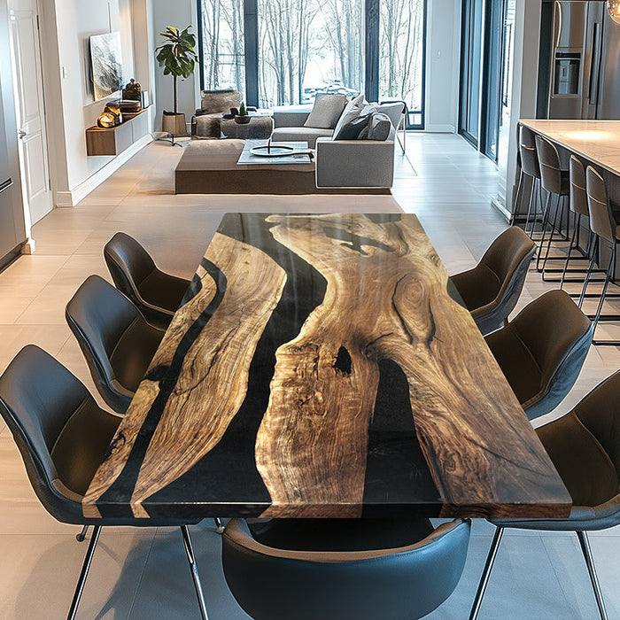 This epoxy resin table combines the beauty of natural live edge wood with a stunning black epoxy river design. The epoxy river table highlights the rich wood grain while the table top epoxy provides a smooth, durable, and glossy finish. Ideal as an epoxy dining table, conference table, or statement furniture piece, this handcrafted epoxy wood table enhances modern and rustic interiors alike.
