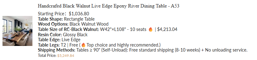 $4,224.85 Final Payment – Ken Wazyniak – Model A53 – 42×108" Black Walnut Live Edge Dining Table – Matte Wood Finish with Glossy Black Resin