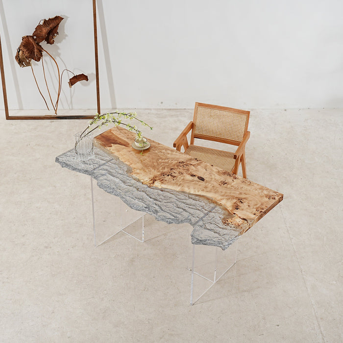 Custom ice crystal epoxy wood table with live edge wood – translucent design。