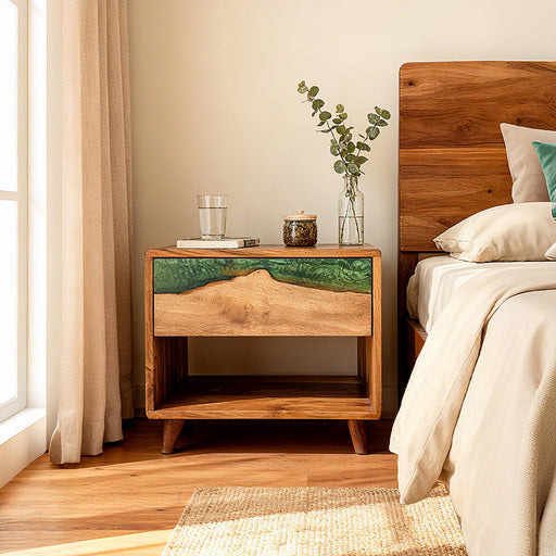 Handmade black walnut green epoxy bedside table with resin detail.