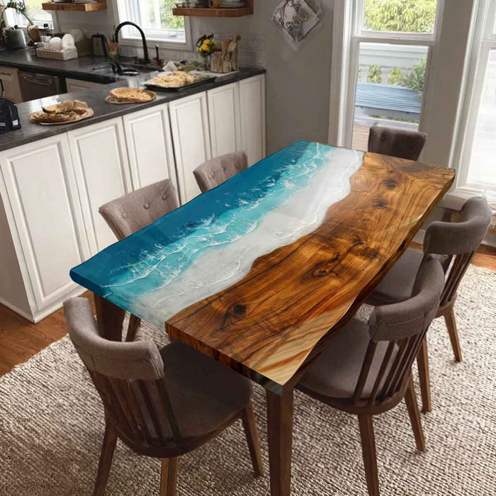 Dining table with wooden surface and blue resin finish in a kitchen setting