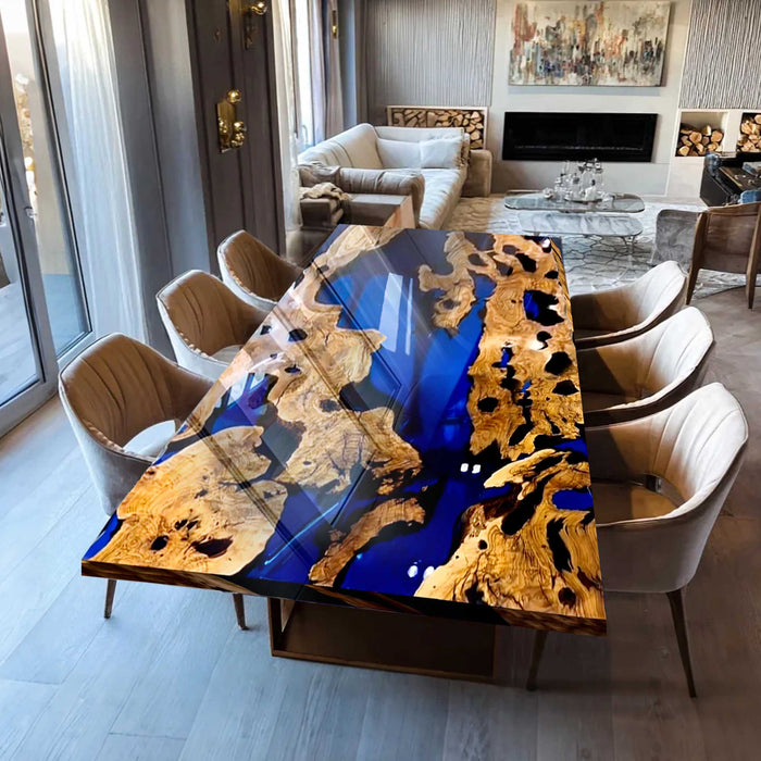 Dining room with a unique blue and gold resin table