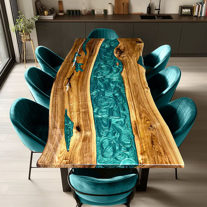 Custom black walnut table with peacock green epoxy river and natural live edge design