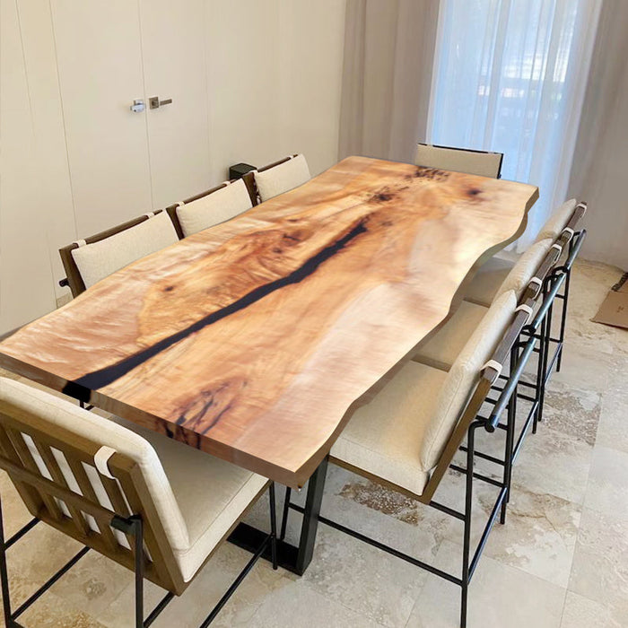 Custom maple black epoxy table with live edge design, top view