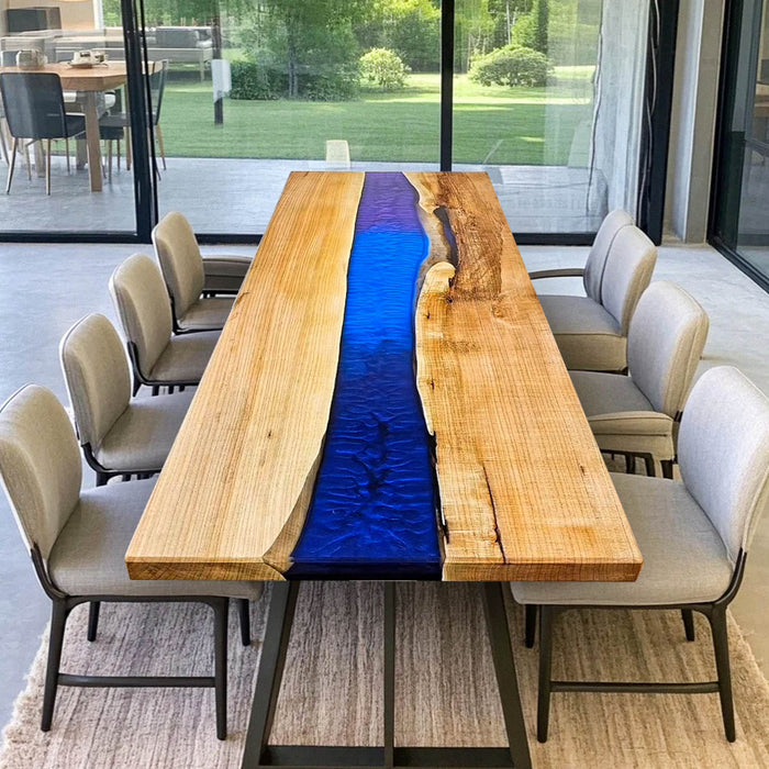 Custom Oak and Deep Blue Epoxy River Dining Table