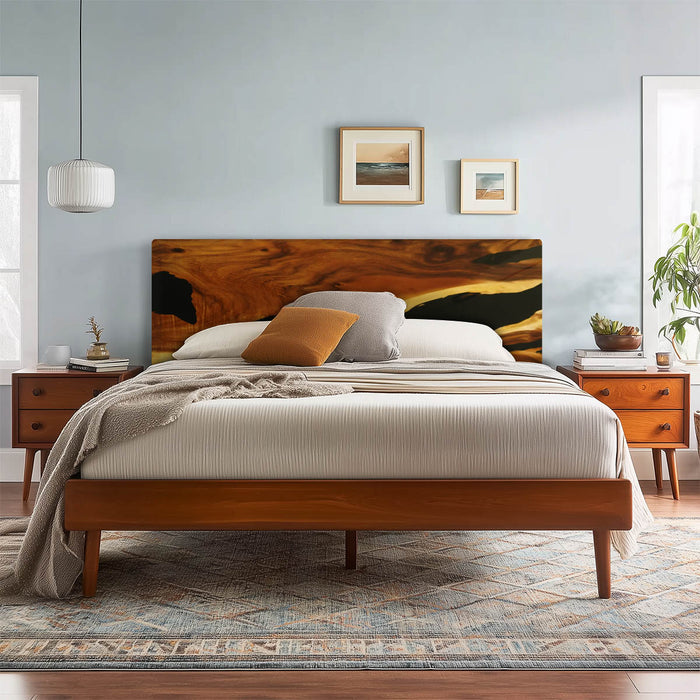 Wooden bed with a textured headboard in a bedroom setting.