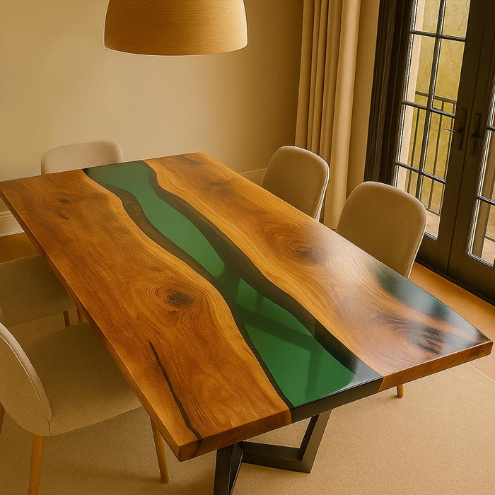 Dining table with green epoxy resin inlay in a room with chairs and a lamp.