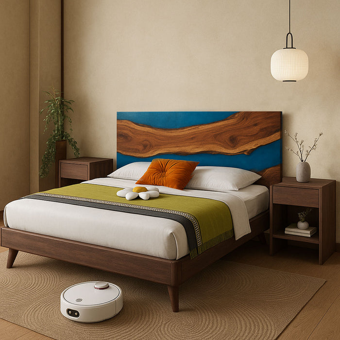 Bedroom with wooden bed, robot vacuum cleaner, and decorative items.