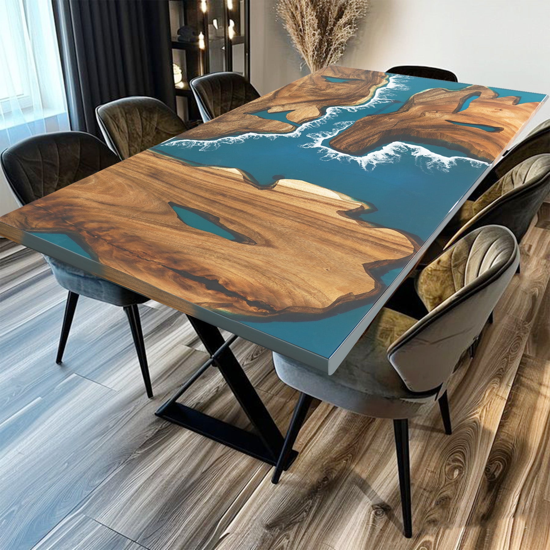 A large conference table with wood and epoxy resin design.