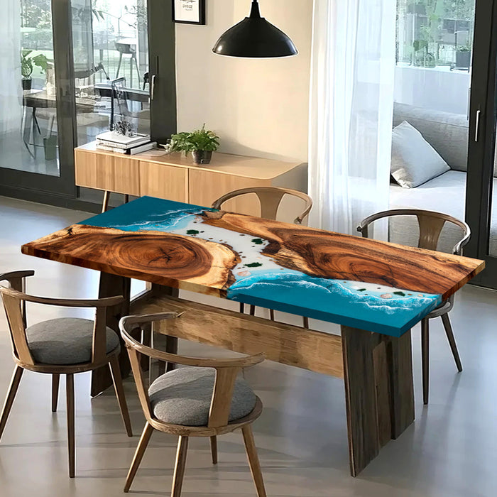 Live edge walnut dining table with turquoise epoxy resin river