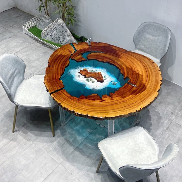 Stunning round epoxy resin table with a natural wood slab, featuring a 3D island and ocean design that captures tropical paradise aesthetics.