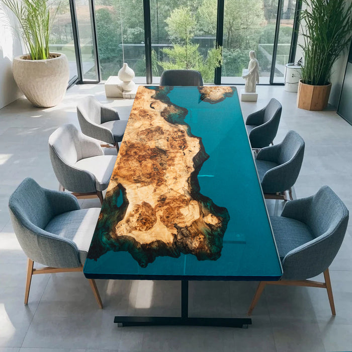 Handmade burl wood epoxy resin table for executive office decor