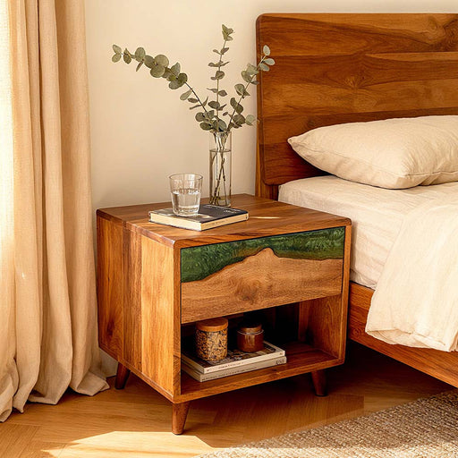 Luxury green epoxy bedside table showcasing natural walnut grain.