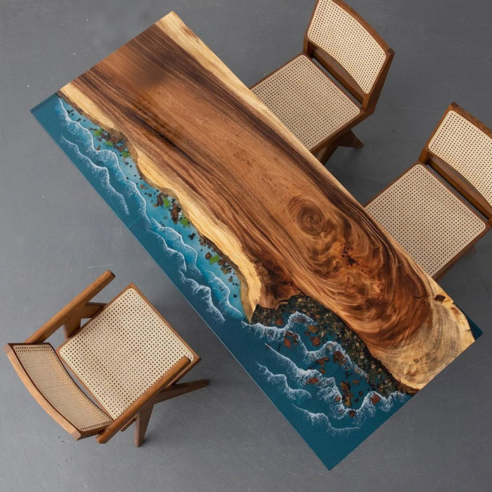 Ocean-inspired walnut resin dining table perfect for coastal kitchens