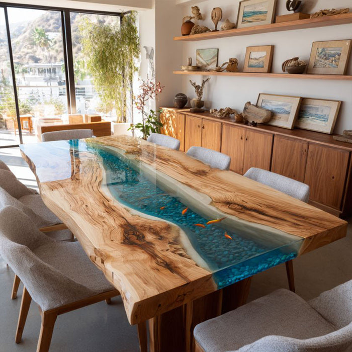 Dining room with a unique wooden table featuring an embedded blue river design.