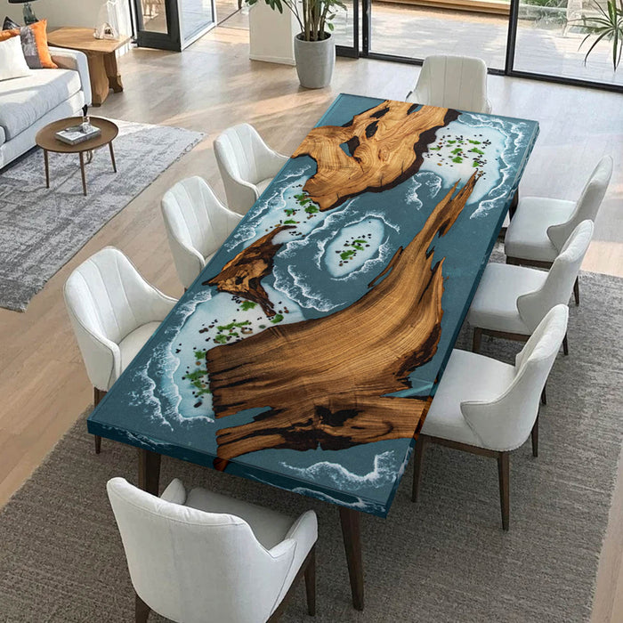 Custom olive wood epoxy table with ocean river design