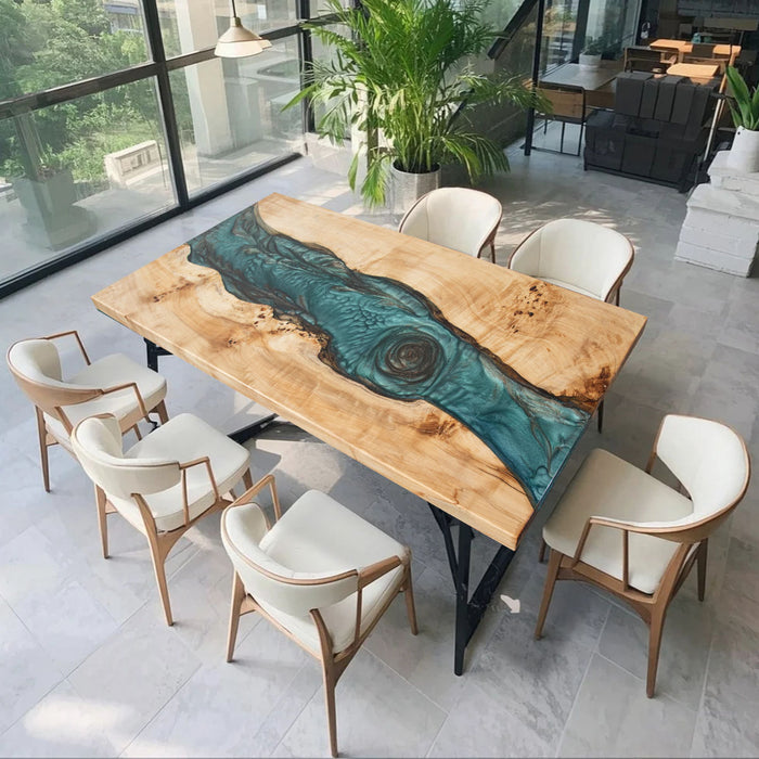 Poplar wood dining table with emerald green epoxy river design