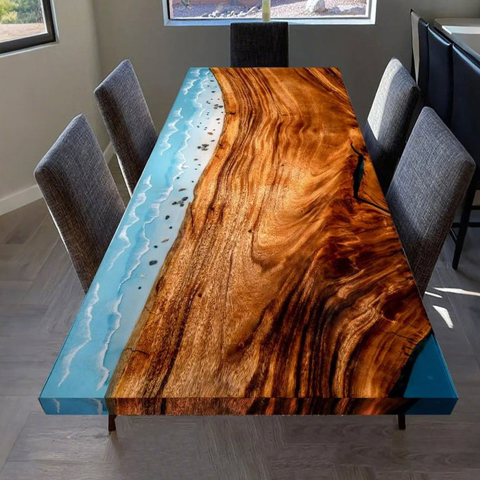 Ocean resin river table with live edge wood and beach wave design