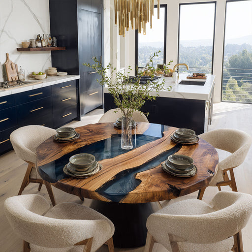 Handcrafted walnut epoxy dining table with foggy black transparent resin river design.