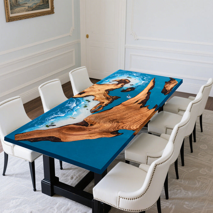 A modern walnut epoxy ocean table with realistic wave and beach design