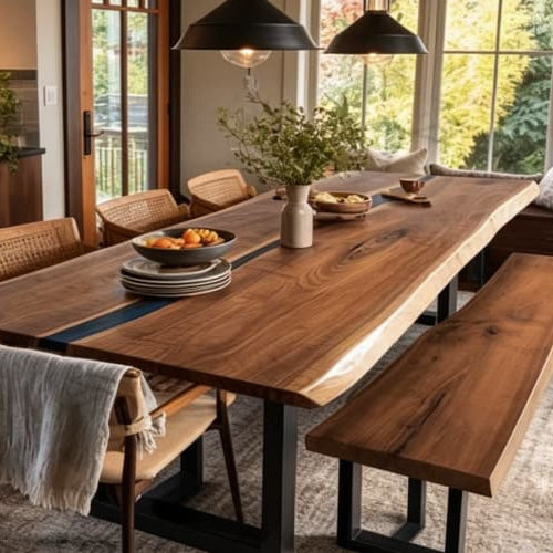 Solid Wood Dining Table with Epoxy Finish for Family Homes
