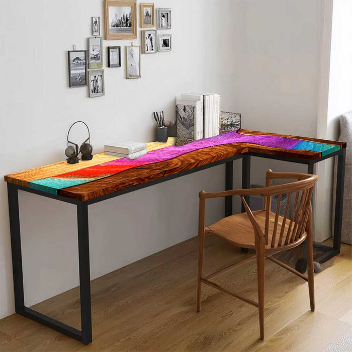 Handmade Black Walnut Rainbow Swirl Resin L-Shaped Computer Desk - A89