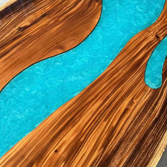 10-person walnut epoxy river dining table with blue accents