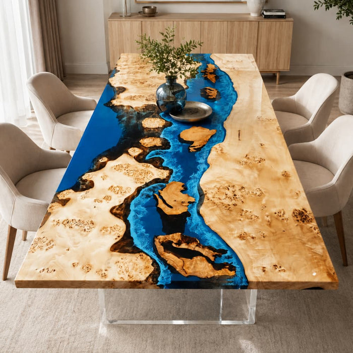 108 inch poplar ocean wave epoxy dining table with blue resin