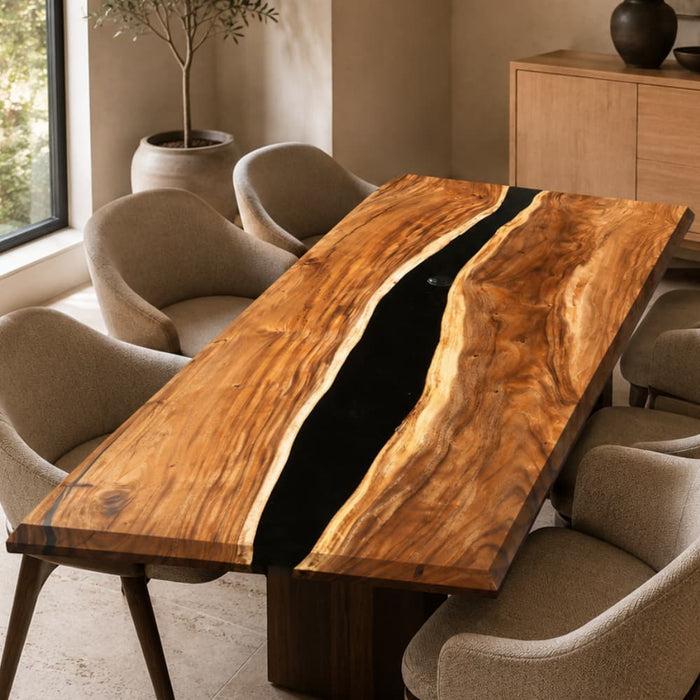 108 x 40 walnut black epoxy dining table for a modern dining room