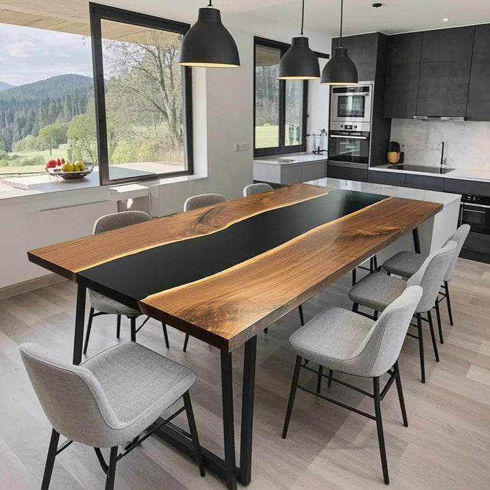 Custom Black Walnut Transparent Black Epoxy Dining Table - R45