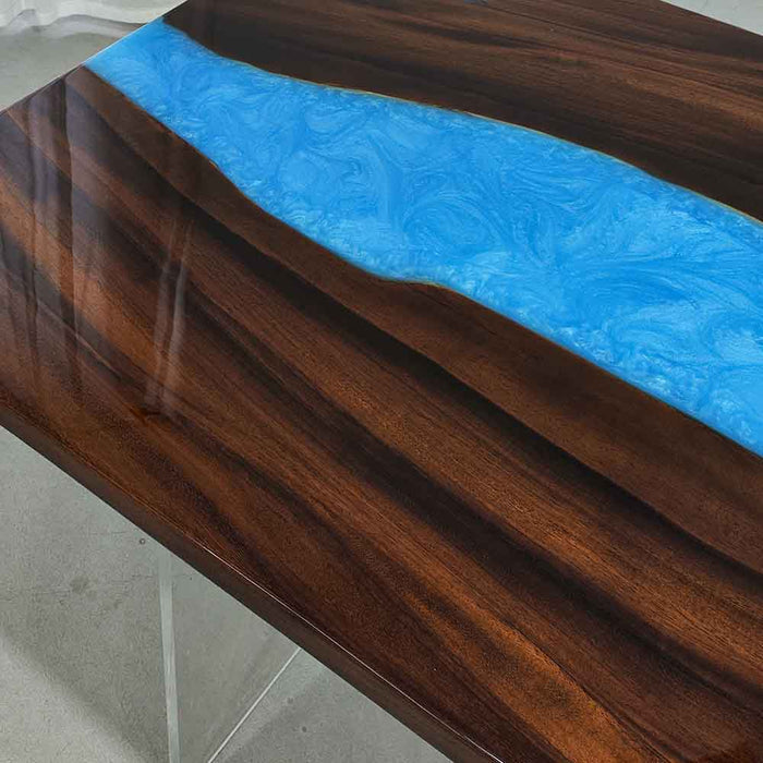 Ready-to-ship 12-person walnut blue epoxy dining table in modern dining room