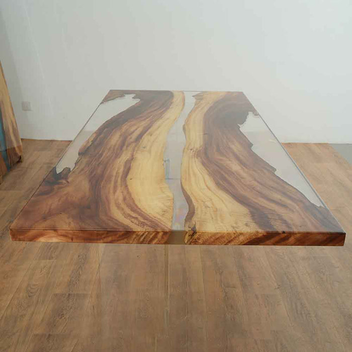 Ready-to-ship 12-person walnut epoxy dining table displayed in a modern dining room