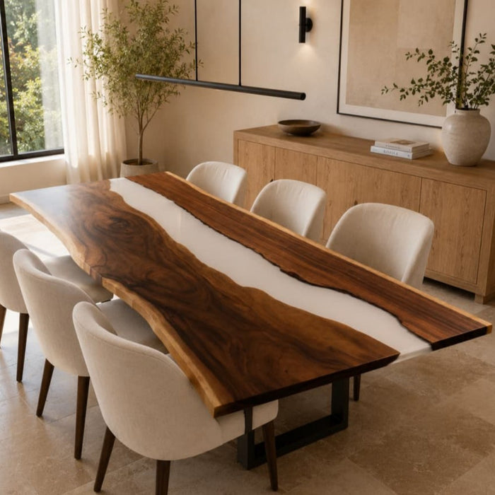 120 x 48 walnut white epoxy dining table for a modern dining room