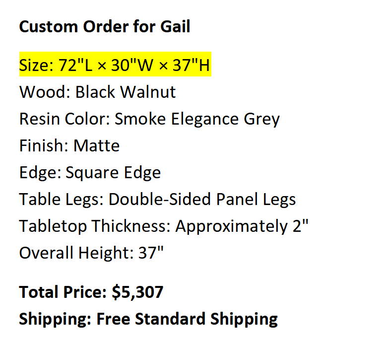 Custom Order Link for Gail | Worldcustomtable