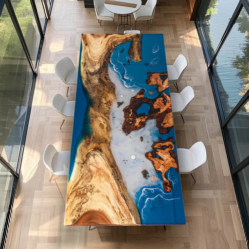 Live edge walnut epoxy dining table with blue ocean resin waves