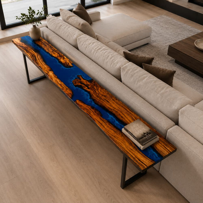 20 x 120 black walnut blue wave epoxy sofa table for living room