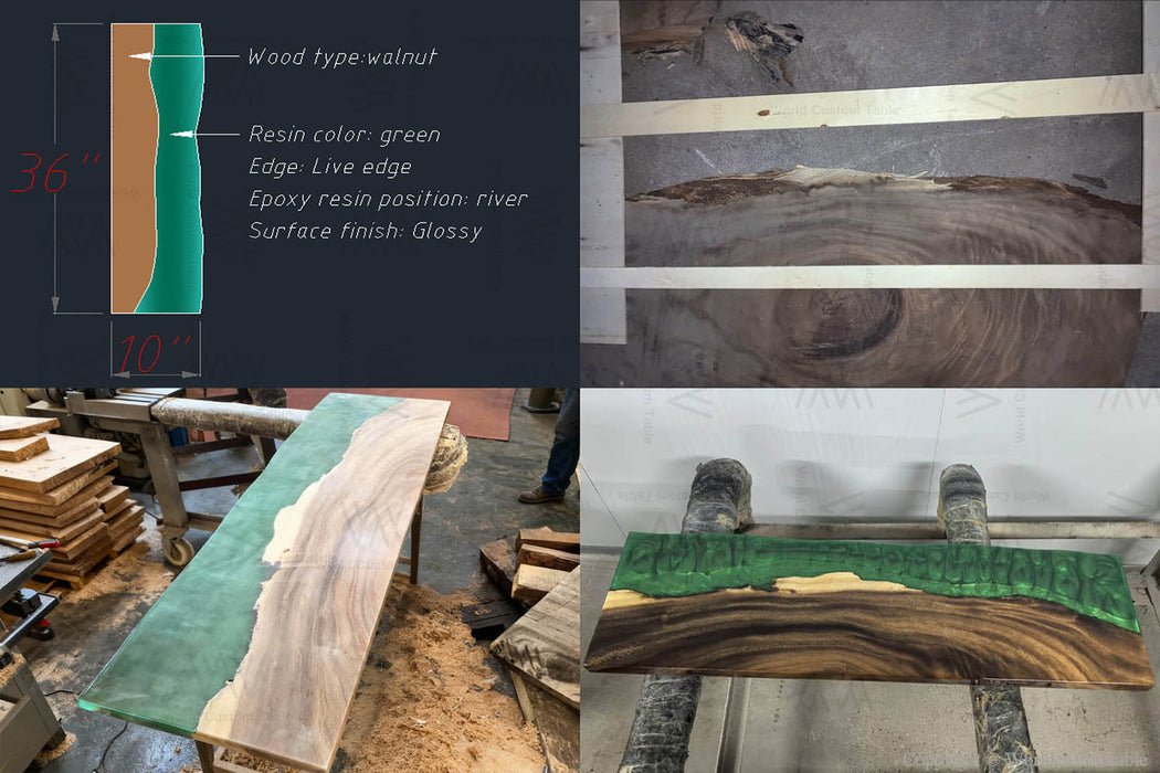 Custom Handmade Green Epoxy Live Edge Floating Shelf - F01