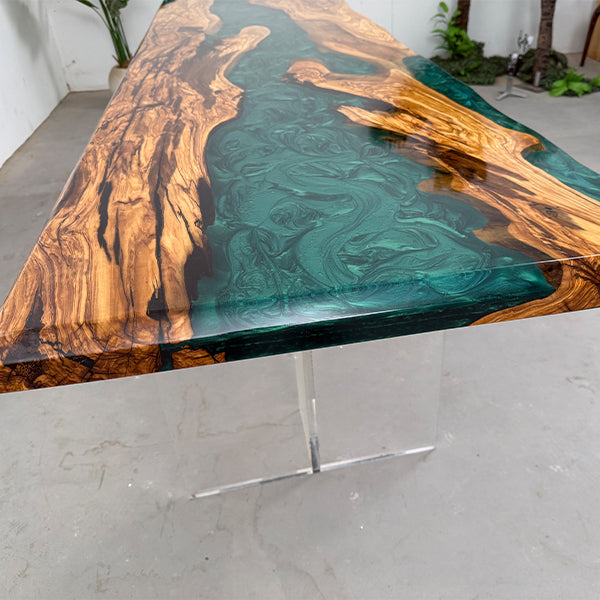 Custom Link for William Coenen - 78‘’L×40‘’W×30''w LED Light Olive Emerald Tide Green Epoxy Table - Glossy Finish - Live Rough Edge - Irregular Shape