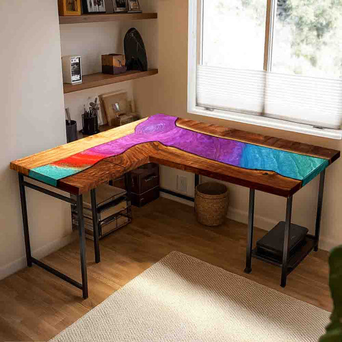 Handmade Black Walnut Rainbow Swirl Resin L-Shaped Computer Desk - A89