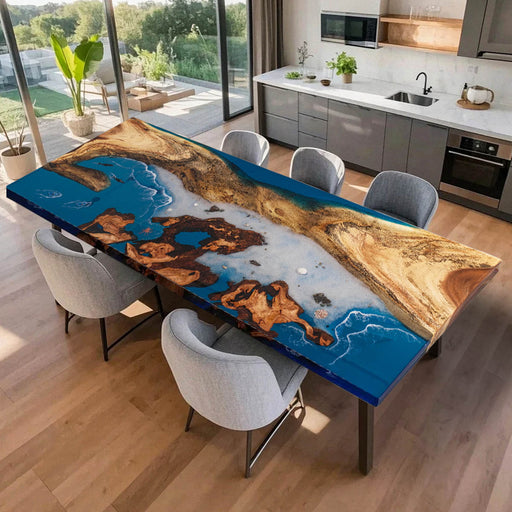 Custom handmade ocean epoxy river table for modern dining spaces