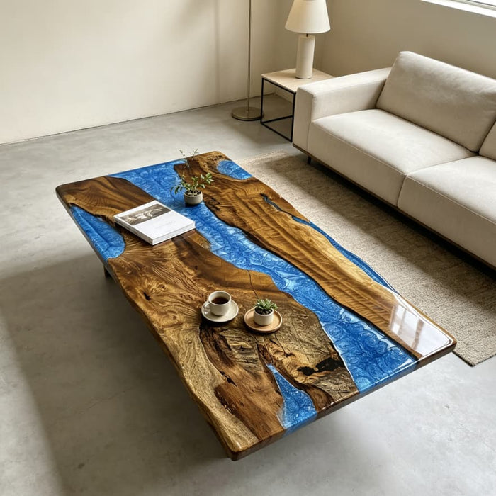 30x48 golden camphor epoxy coffee table with blue resin
