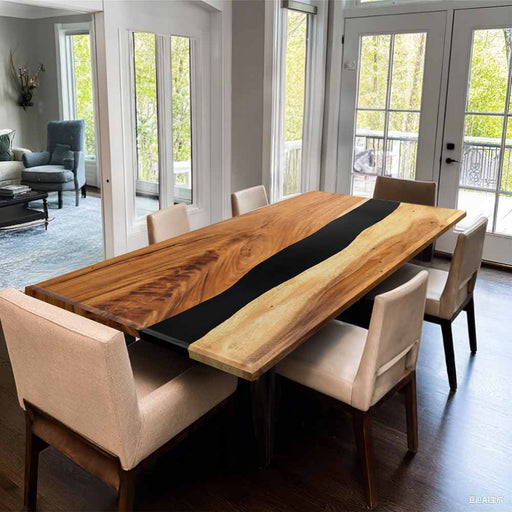 Close-up highlighting the black epoxy resin and natural walnut wood grain.