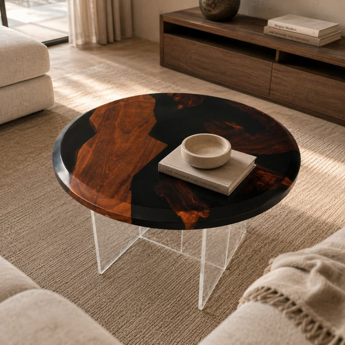 38 inch round black walnut black epoxy coffee table for modern living room
