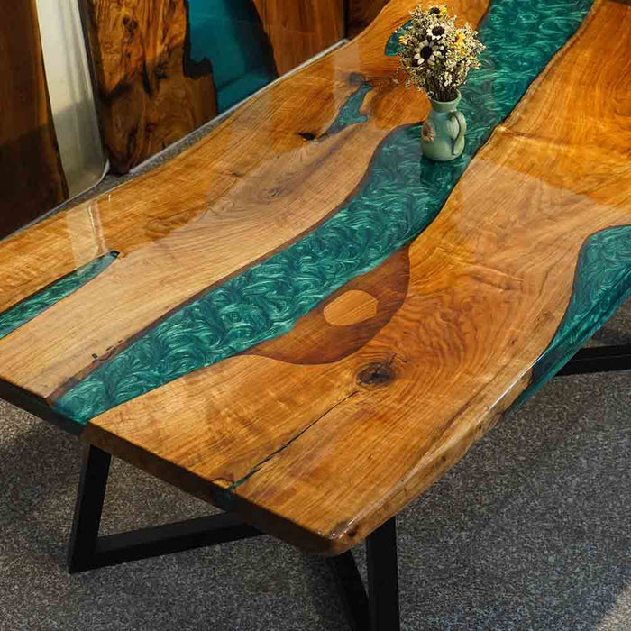 40"x80" Black Walnut Green Epoxy Resin Dining Table – Ready to Ship from Our Factory – S25