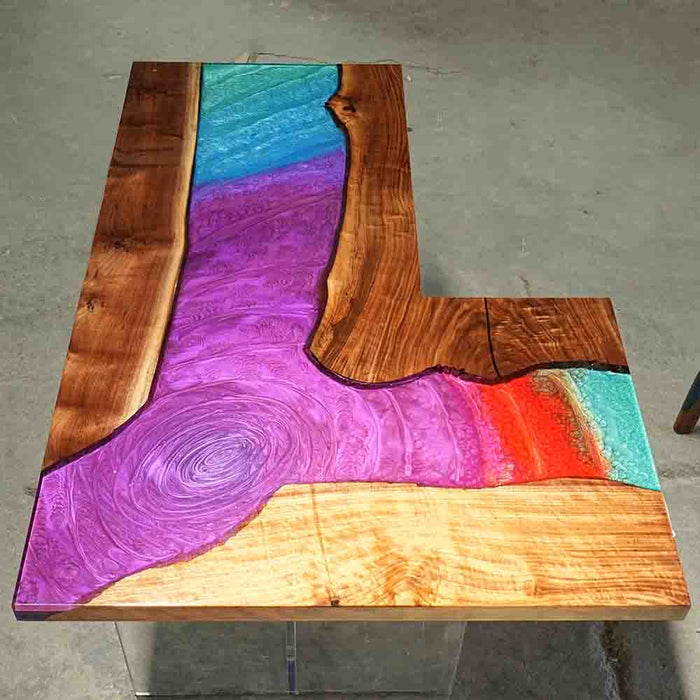 Handmade Black Walnut Rainbow Swirl Resin L-Shaped Computer Desk - A89