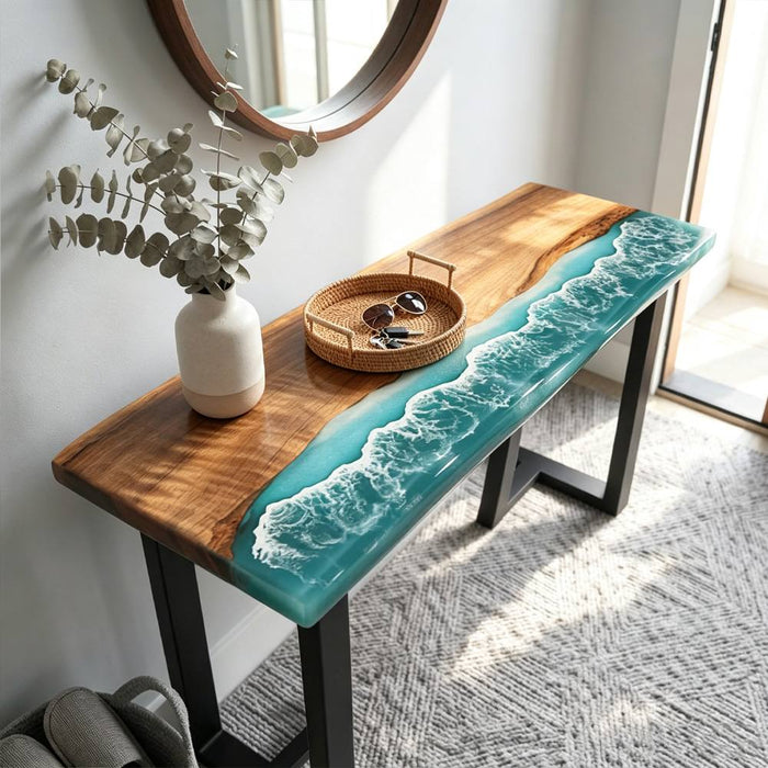 40x14 black walnut ocean wave epoxy console table