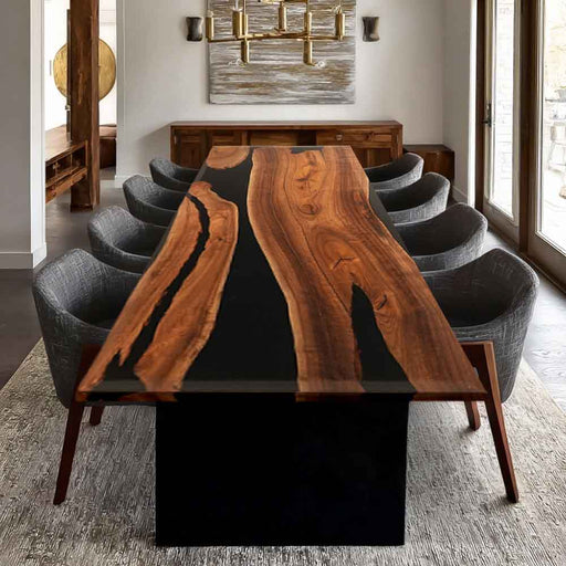 Dining room with a wooden table and gray chairs in a modern interior setting.