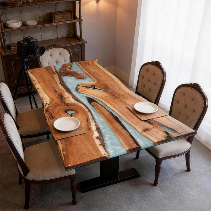 42 x 96 inch black walnut epoxy dining table with teal blue resin swirls